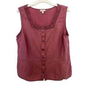 Y2K J Jill Linen Blend Lace Square Neck Rosy Pink Tank Medium Boho Festival